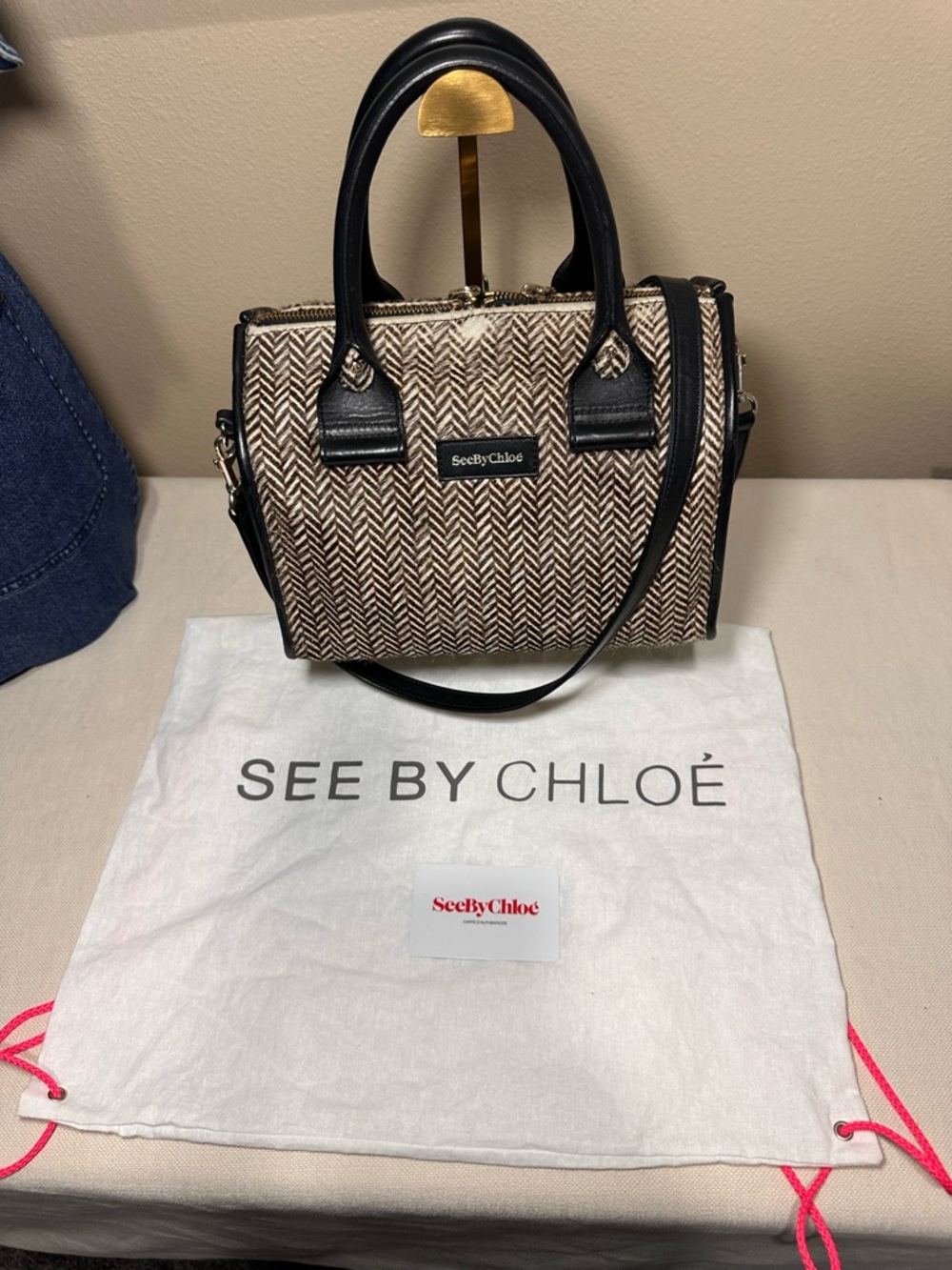 See By Chloé “April” Brown & Black Herringbone Calf Hair Satchel and Dusty - Picture 12 of 15